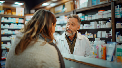 A middle-aged male pharmacist in a pharmacy is talking with a woman about the medicine she bought. - obrazy, fototapety, plakaty