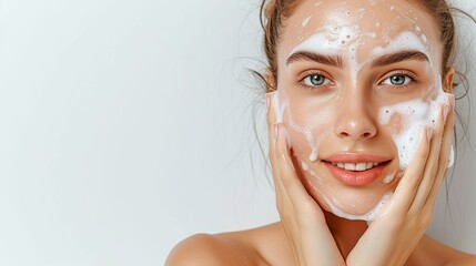 Photo of a smiling white woman with clear skin washing her face with soap on a grey background