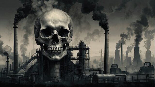 Smoke and Death Symbolic Representation of Industrial Pollution Featuring Human Skull in Factory Smoke