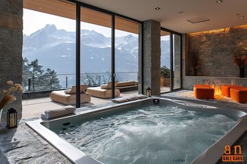 Depict a serene spa in the Swiss Alps, offering guests outdoor hot tubs with stunning mountain vistas and alpine-inspired treatments