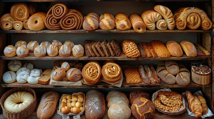 Papier Peint photo Lavable Boulangerie A variety of breads, such as baguettes and bagels, on a bakery shelf in a bakery