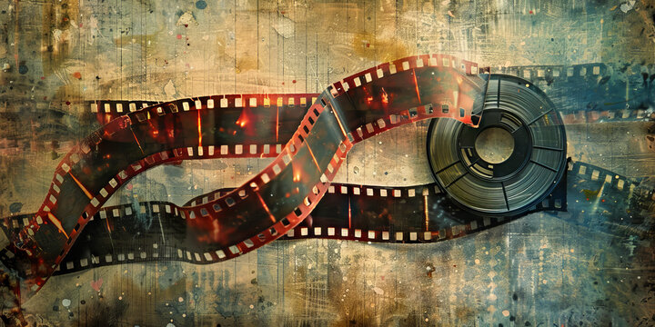 Vintage Film Reel on Grungy Background with Light Leaks