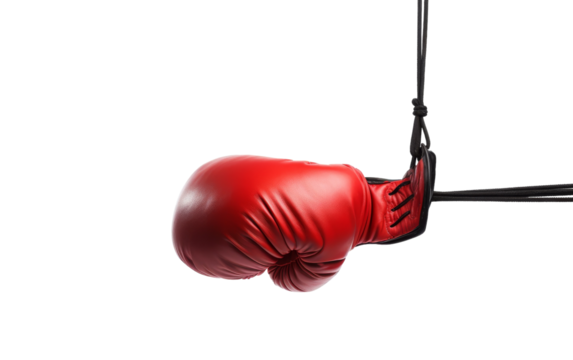 A pair of vibrant red boxing gloves hang gracefully from a sturdy hook