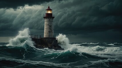 Fototapeta na wymiar Fury of the Sea Stormy Waves Towering over the Lighthouse in Overcast Weather