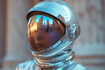 Design a futuristic fashion line inspired by space exploration, with metallic fabrics and astronaut helmets