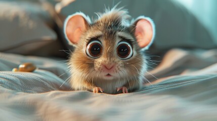 A small mouse with big eyes sitting on a bed, AI - 772157205
