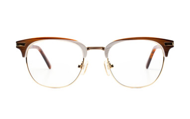 A pair of stylish glasses rests on a crisp white background