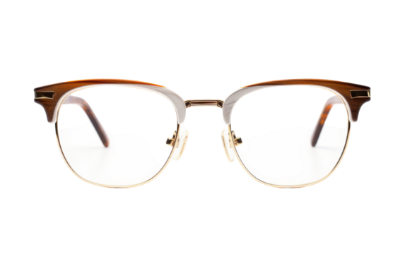 A pair of stylish glasses rests on a crisp white background