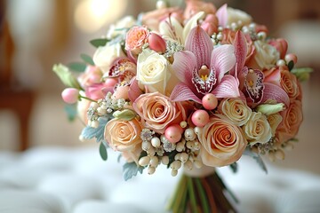 Design an elegant bridal bouquet with a mix of roses, lilies, and delicate orchids for a fairytale...