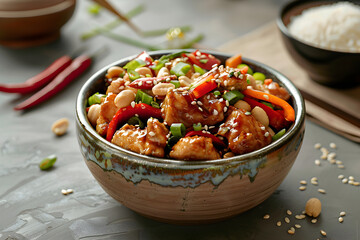 Appetizing Kung Pao Chicken Dish Served in Traditional Bowl Embellished with Vital Asian Ingredients