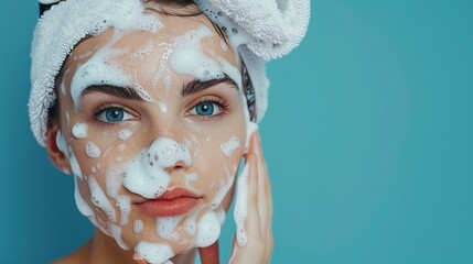 Portrait of a white woman with clear skin and soap suds on her face and a white towel wrapped on her head on a solid light blue background