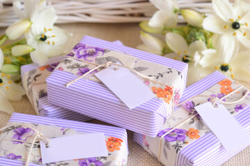 Wedding gifts details guest favors boxes with purple white color decoration stripped paper floral fabric, romantic vintage shabby chic style party, handmade soaps, first communion custom presents