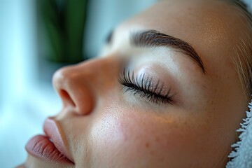 Eyelash Extension Application A close-up of the meticulous application of eyelash extensions in a beauty salon