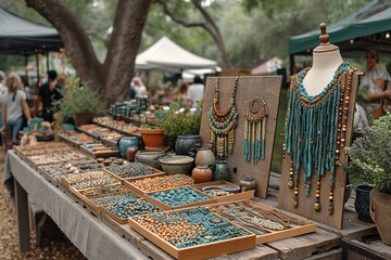 Farmers' Market Crafts Craft stalls at a farmers' market offering handmade jewelry, pottery, and artwork - obrazy, fototapety, plakaty
