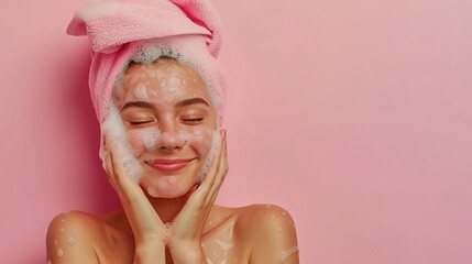 Portrait of smiling white girl washing her face with soap wearing pink towel on her head on a pink background