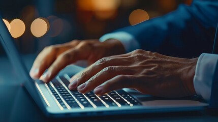 Focused businessman typing on laptop keyboard with determination in office environment, close-up view

