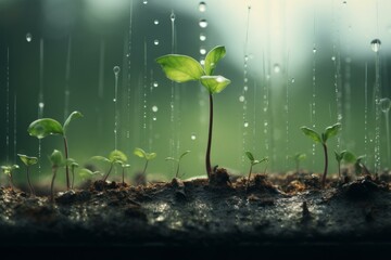 Thriving Plant growing rain. Nature seed drop. Generate Ai