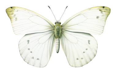 A delicate white butterfly alights on a pristine white background - obrazy, fototapety, plakaty