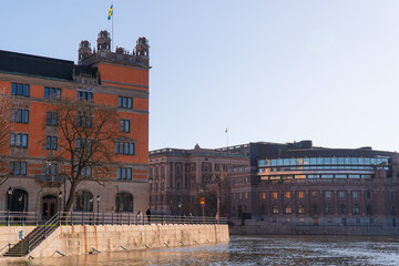Rosenbad building, the seat of the Swedish Government in the foreground and the Swedish parliament...