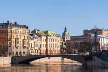 Central Stockholm, Sweden. Royal Opera house, St Jacob's church and Gustav II Adolf square. Bridge...