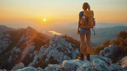 A woman with a backpack standing on top of rocks at sunset, AI - obrazy, fototapety, plakaty