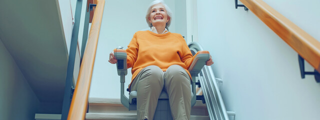 Elderly lady on stairlift chair