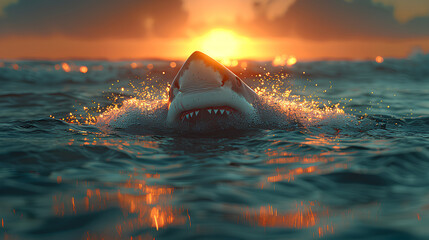 Great white shark and sunset sunshine
