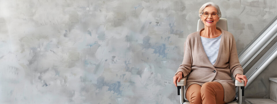 Elderly woman on stair lift with copy space