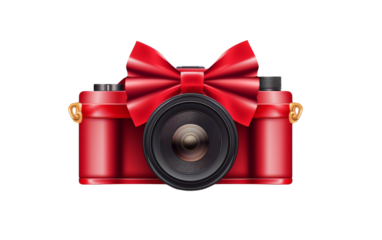 A red camera adorned with a festive bow, ready to capture special moments