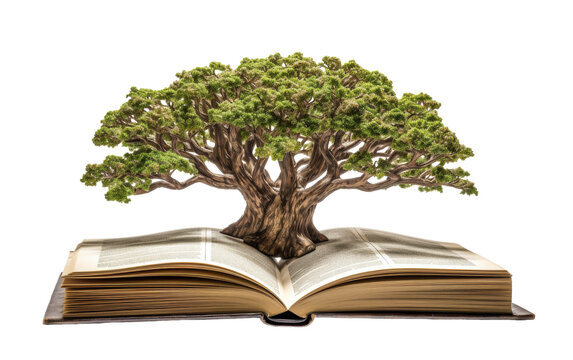 An open book revealing a tree sprouting from its pages, symbolizing the magic of nature and knowledge