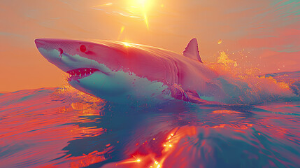 Great white shark and colored sunlight sunset