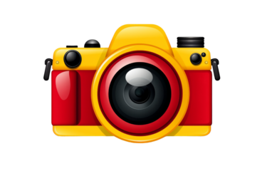 A vibrant red and yellow camera boldly stands out against a clean white background