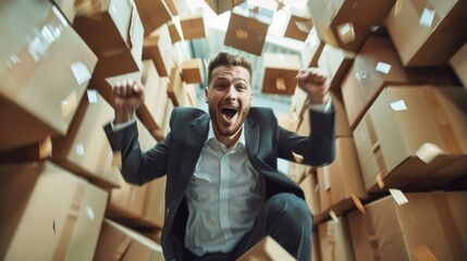 A man in a suit jumping up and down on boxes, AI - Powered by Adobe