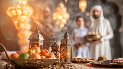 3D Muslim family decor with Ramadan decor with a simple background - obrazy, fototapety, plakaty