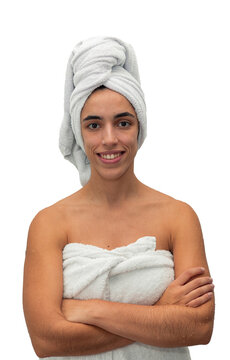 Smiling Young Woman in Towel After Shower on white background