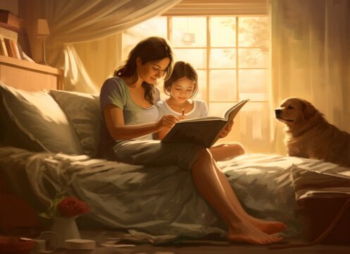 mother reading to daughter in her bedroom stock photo, in the style of tactile, modern