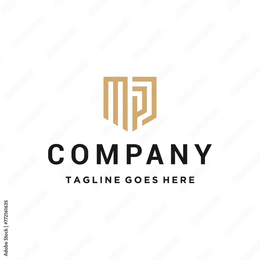 Poster golden initial letter mp p m pm with shield shape logo design