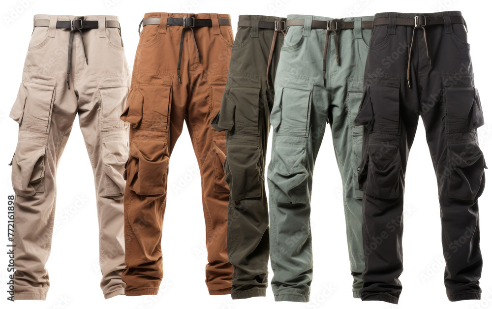 Wall mural A vibrant lineup of various colored cargo pants on a white background