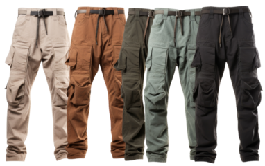 A vibrant lineup of various colored cargo pants on a white background