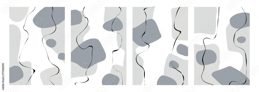 Poster set of abstract backgrounds with various curved grey colored shapes and black lines for creative gra