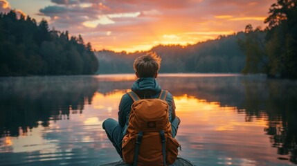 A person sitting on a log with backpack looking at the water, AI - obrazy, fototapety, plakaty
