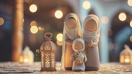 3D Muslim family decor with Ramadan decor with a simple background