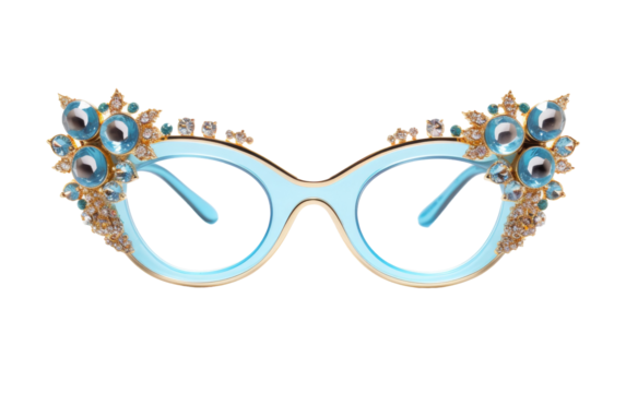 A pair of glasses featuring intricate blue and gold details, exuding a sense of elegance and sophistication
