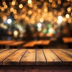 Empty wooden table top with blurred background of Christmas background. Exuberant image 