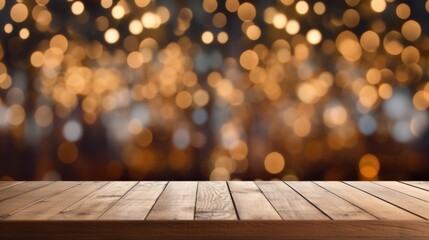 Empty wooden table top with blurred background of Christmas background. Exuberant image 