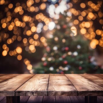 Empty wooden table top with blur background of blurred Christmas tree. Exuberant image 
