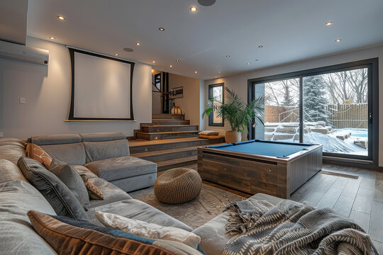 Modern living room with a large couch, pool table and movie screen in the basement of the home. A winter scene outside the window. Created with Ai