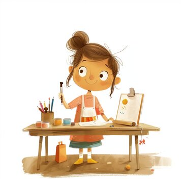 Watercolor illustration of a girl drawing a work of art with determination.