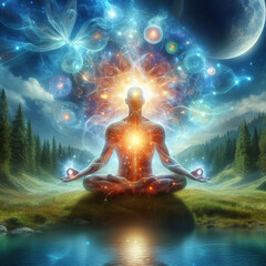 Personas meditando en la naturaleza con energía mística