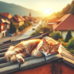 Gatito durmiendo en el tejado de una casa - obrazy, fototapety, plakaty